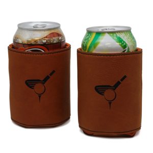 leather golf beer koozie, leather beer can cooler for golfers, golf koozie