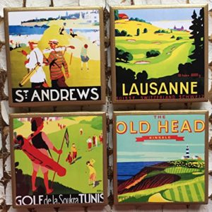 retro wooden golf print coasters, golf drinking gifts, golf coasters